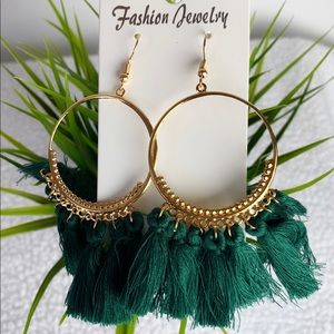 Green tassel hoop earrings